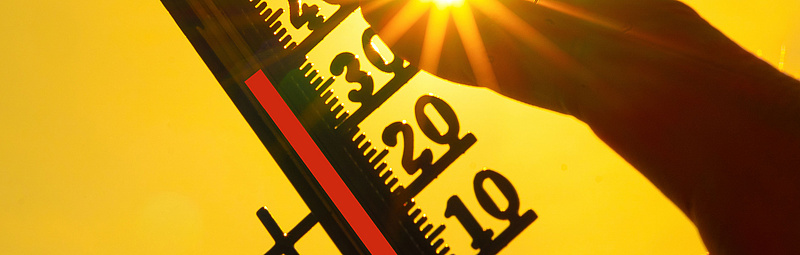 Eine Hand hält ein klassisches Thermometer, das +40 Grad Celsius anzeigt, gegen die Sonne.