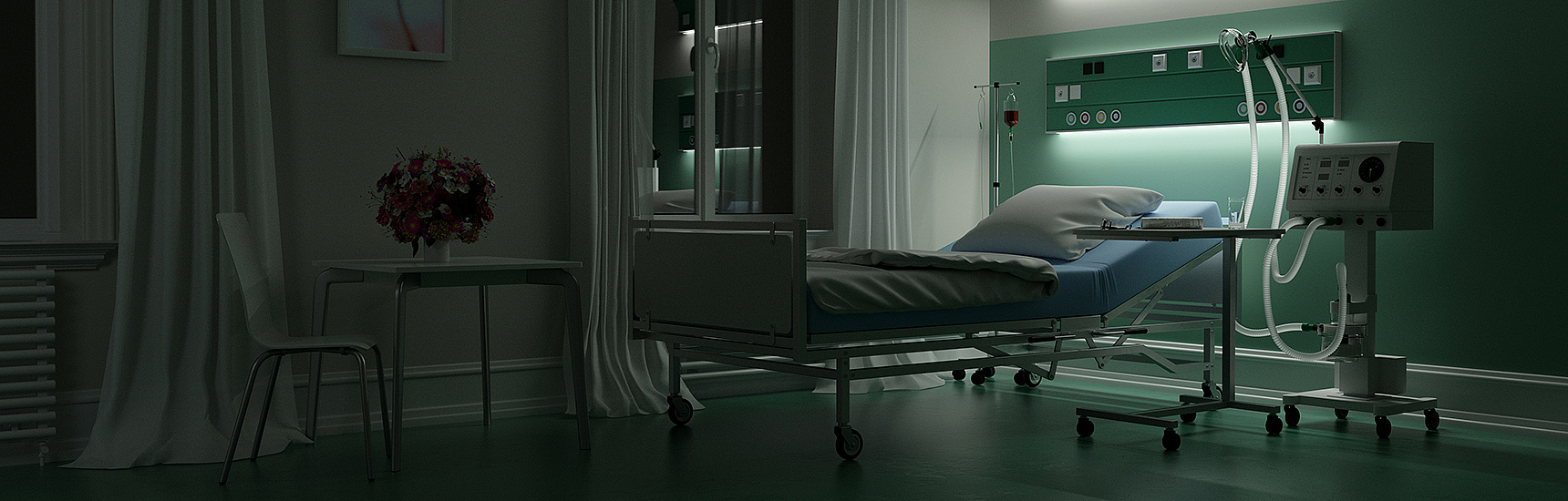 Leeres Krankenbett in einem dunklen Zimmer