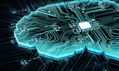 Gehirn vor technologischem Hintergrund repräsentiert künstliche Intelligenz