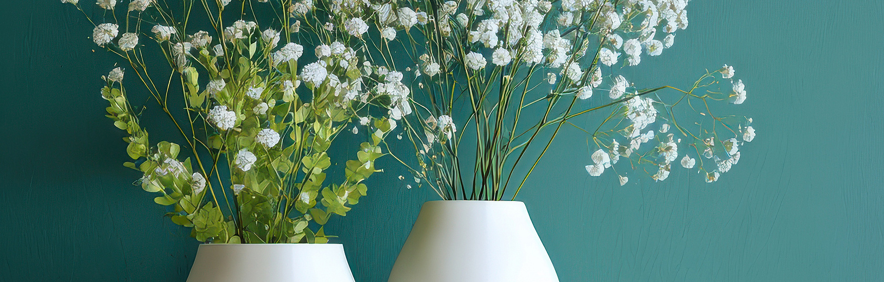 Zwei weiße Vasen mit Grünpflanzen und Schleierkraut